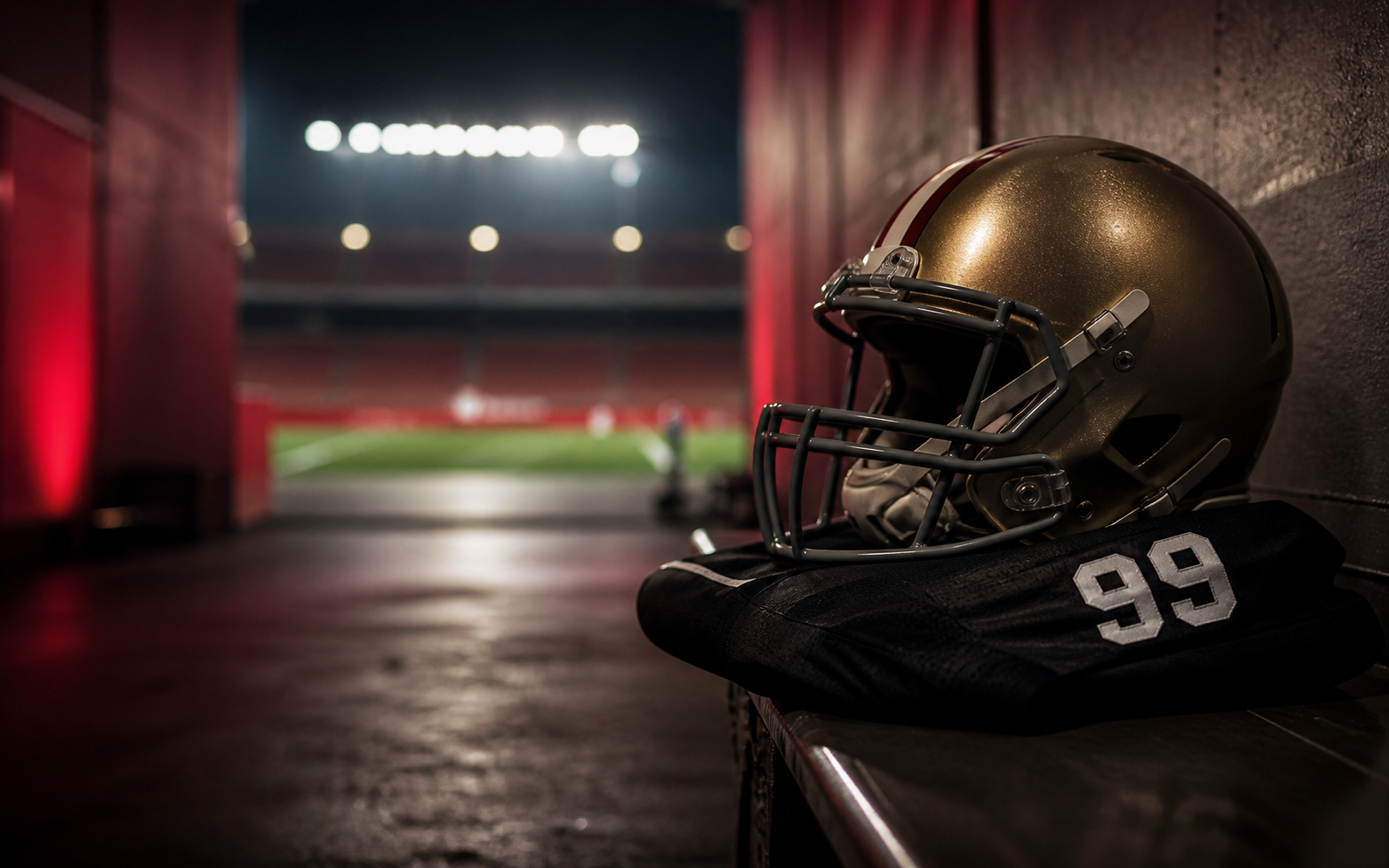 A memorial-style football helmet and jersey in a stadium tunnel