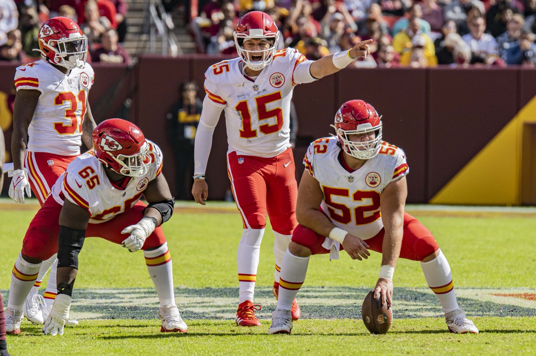 Patrick Mahomes calling a play during a Kansas City Chiefs game