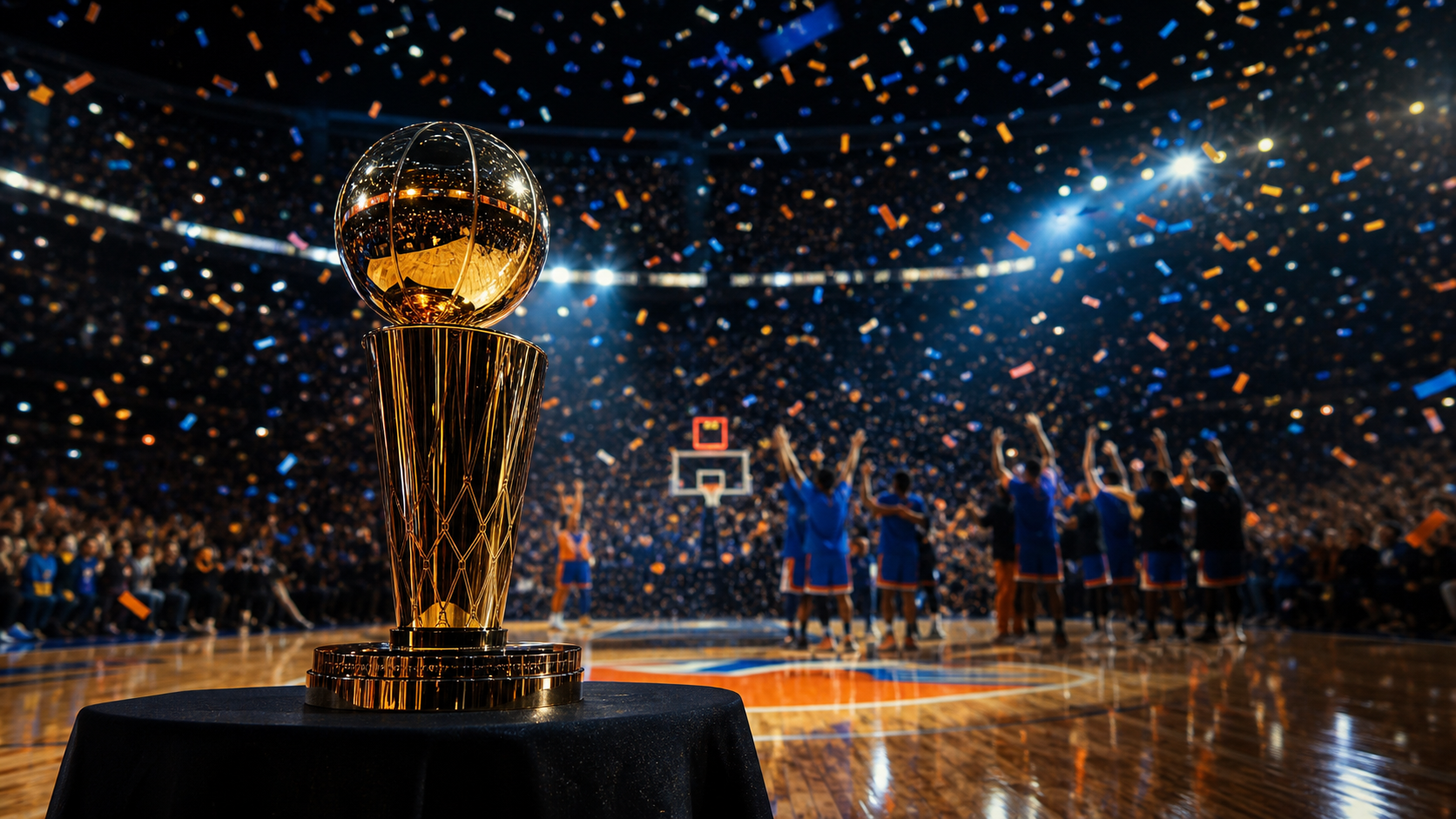 A rights-safe basketball championship trophy scene with blue and orange confetti