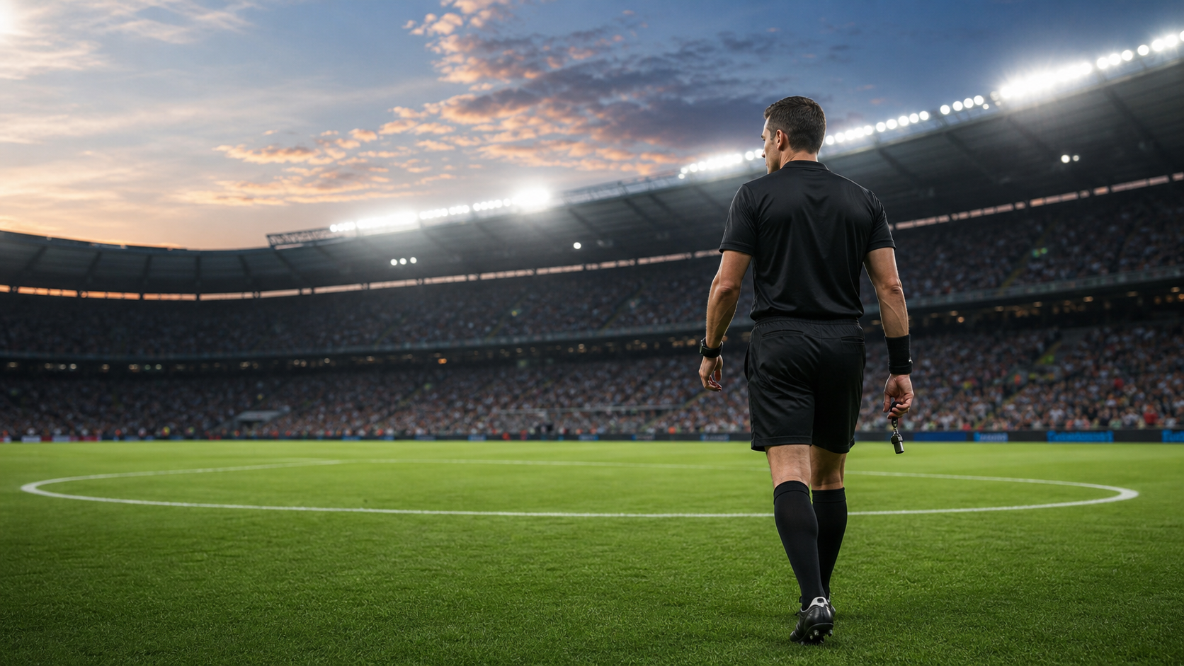 Football referee walking toward the center circle in a stadium