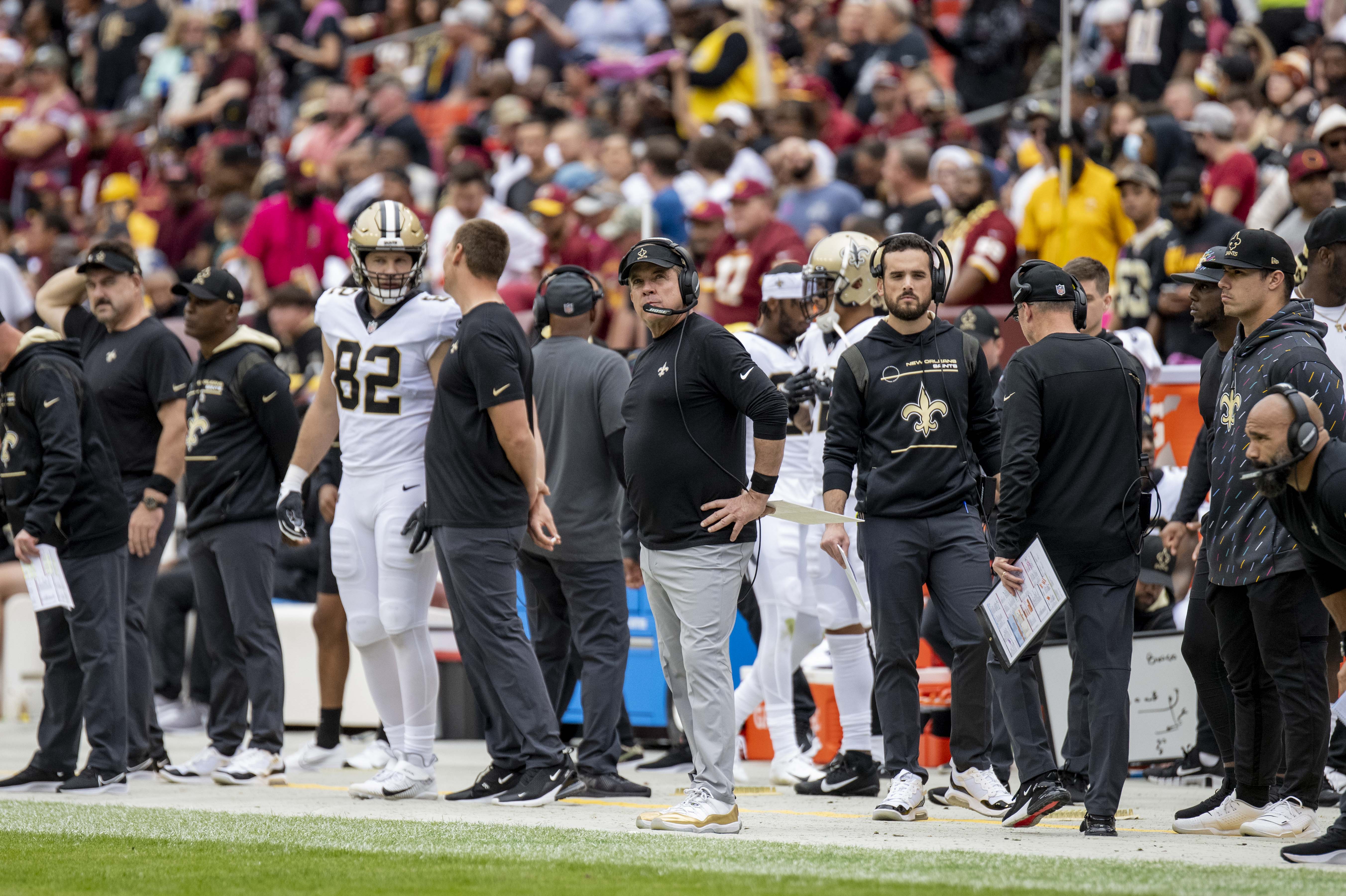 Sean Payton coaching from the sideline during a 2021 NFL game