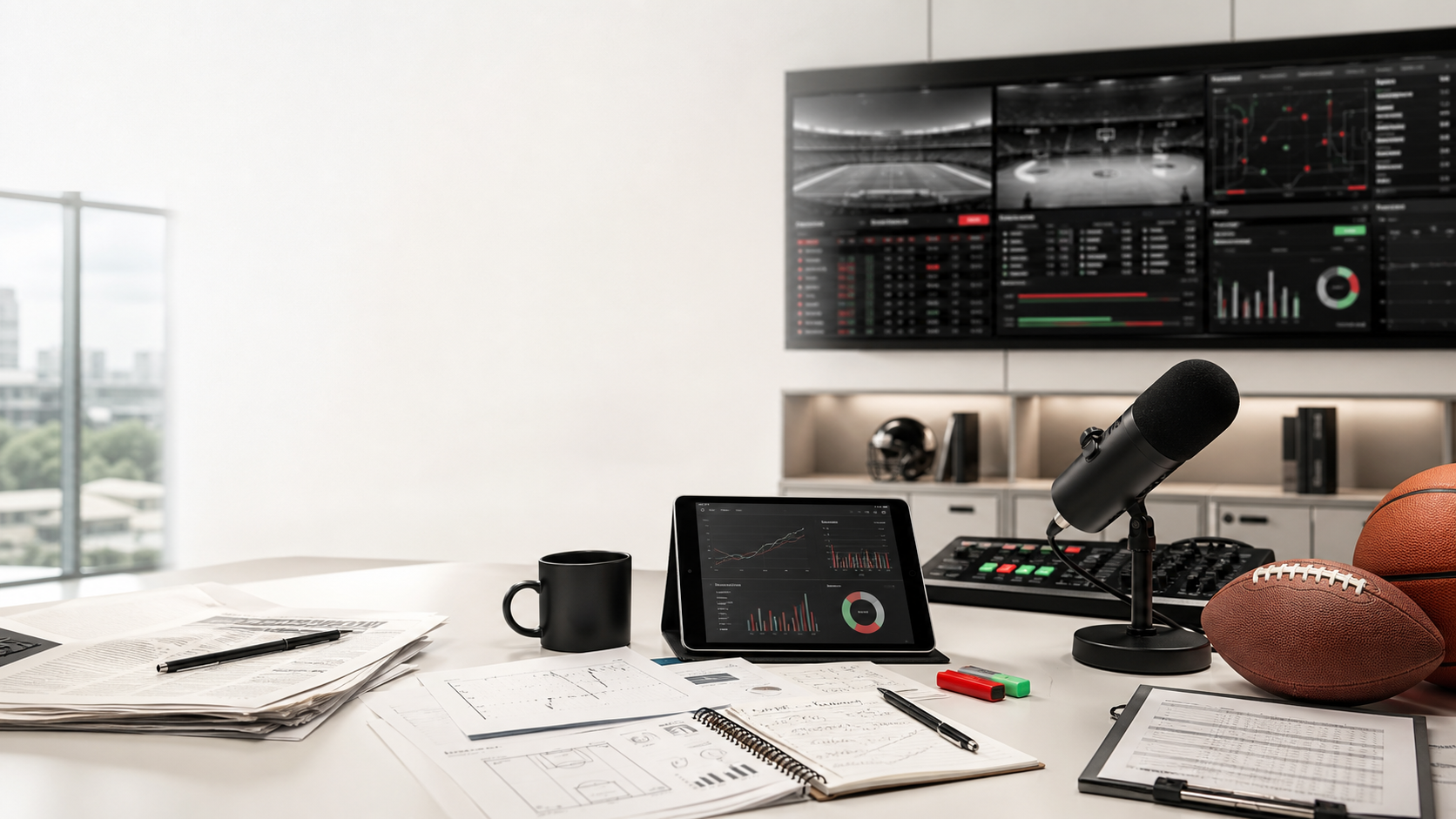 Premium sports editorial desk with stat sheets and broadcast monitors